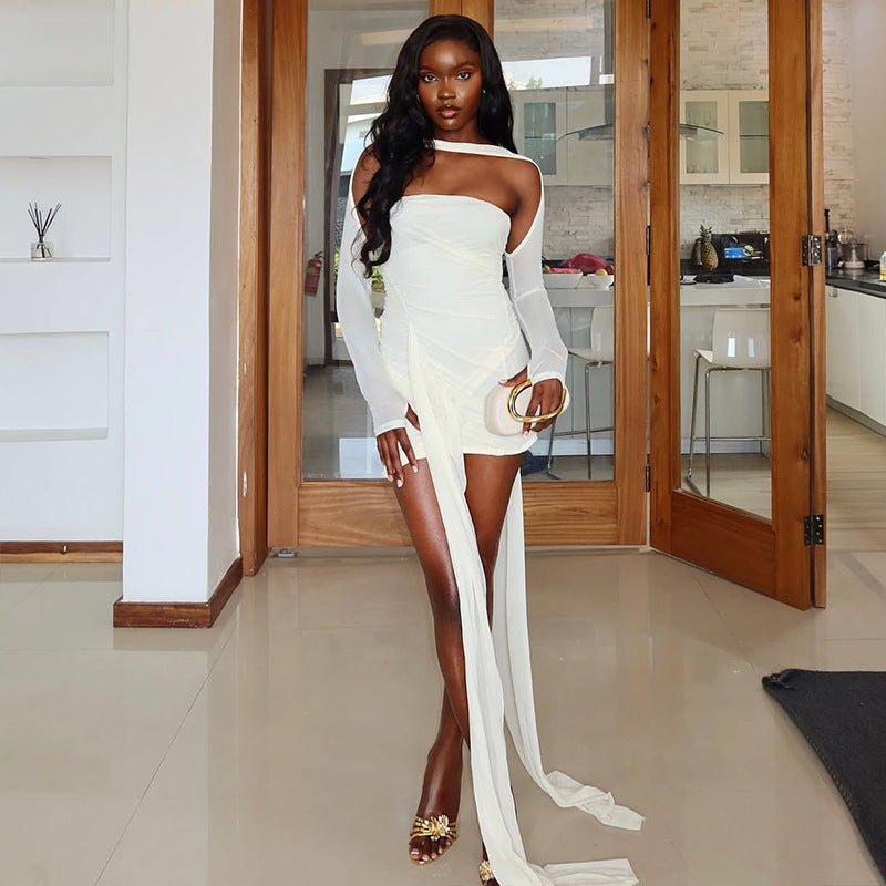 Solid Color Women Clothing Split Sexy Asymmetric Dress off Neck Long Sleeve Slim Dress by Ragazza