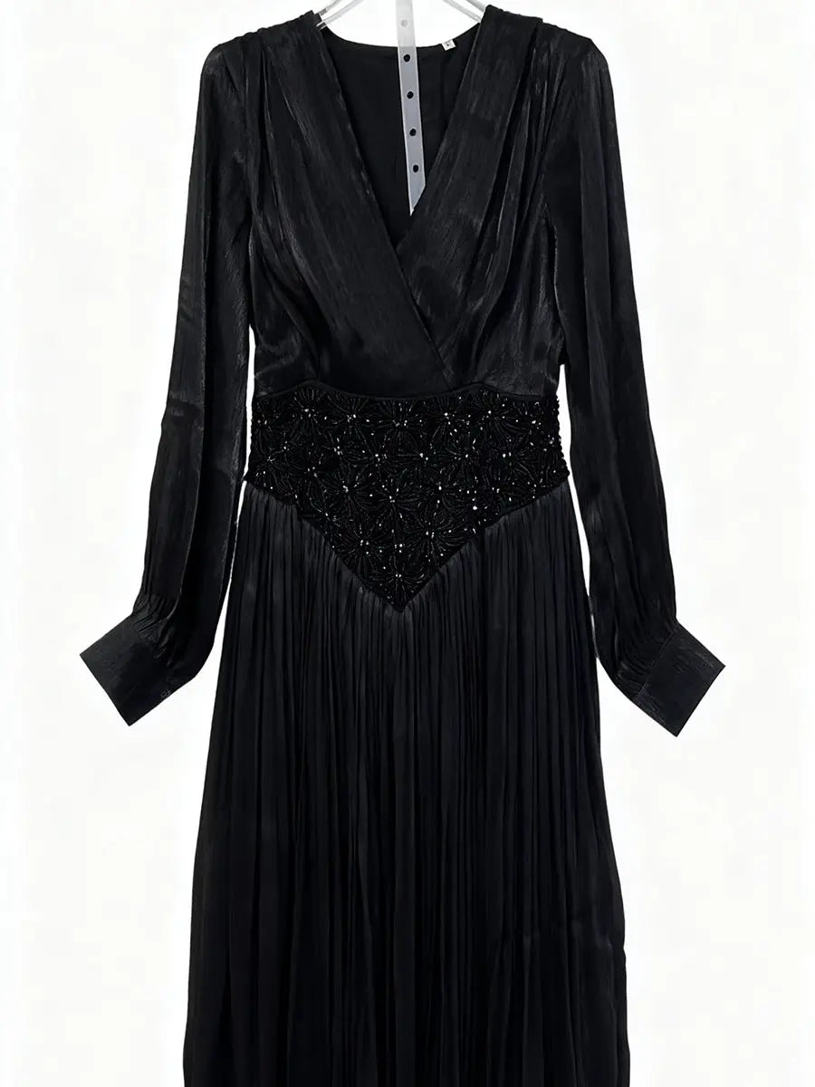 Elegant Long Sleeve Solid Color Diamond Dress Autumn High Grade Waist Slimming Dress Women