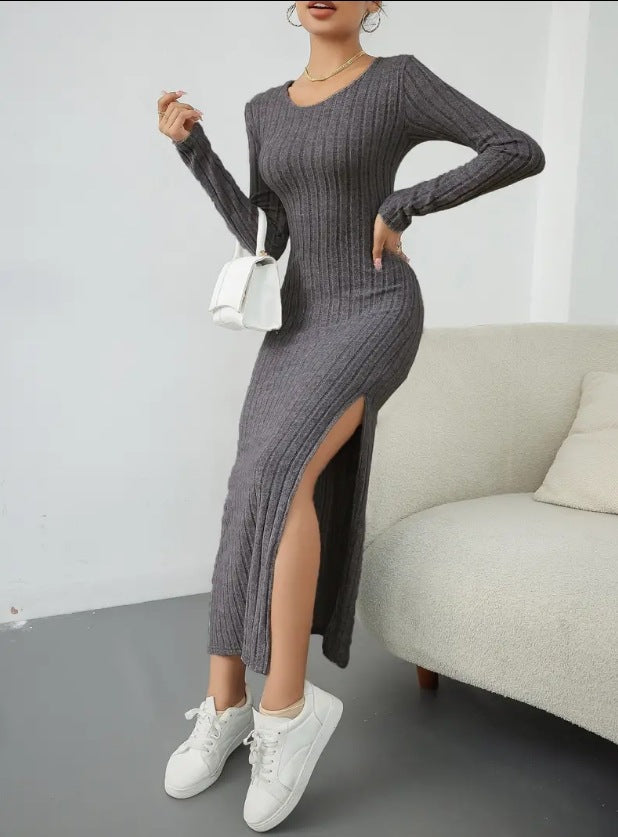 Autumn Winter Long Sleeve Crew Neck Split Knitted Maxi Dress Women by Ragazza