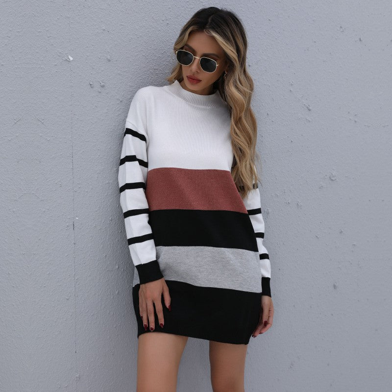 Women Clothing Autumn Winter Color Matching Fashionable Long Knitted Base Sweater Dress DestGlow