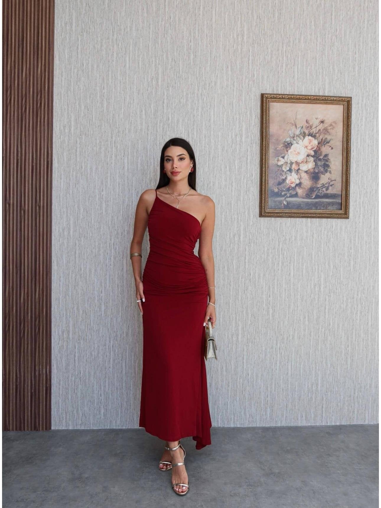 Women Clothing Summer Single Shoulder Sloping Shoulder Pleated Sexy Slim Irregular Asymmetric Dress by Ragazza