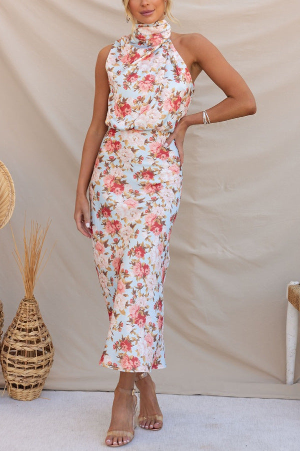 Mature Elegant Women Sleeveless Halter Printed Satin Dress by Ragazza