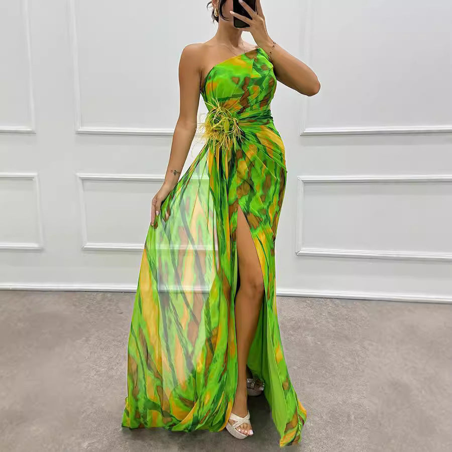 Chiffon Floral Print Slit Dress Casual Party Long Women Clothing Dress by Ragazza