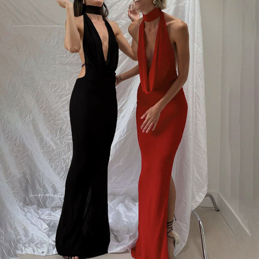 Women Clothing Autumn Winter Elegant Sexy Halter V neck Backless Side Slit Dress DestGlow