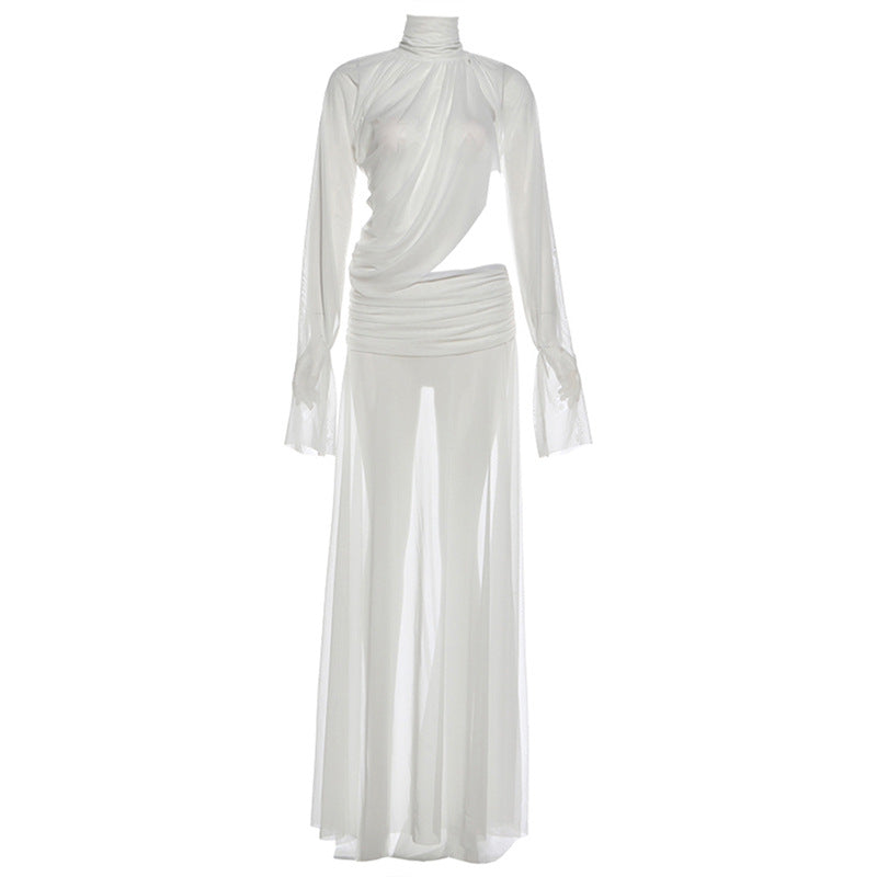 Winter Women Clothing Sexy See through Turtleneck Bell Sleeve Top Split Skirt Two Piece Sets DestGlow
