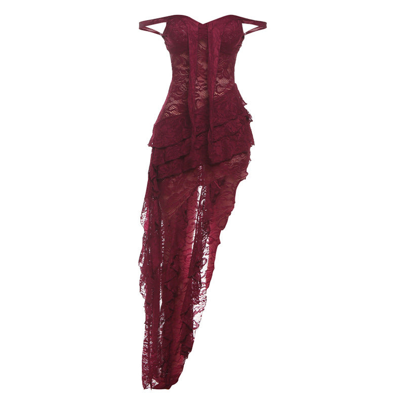 Women Clothing Summer Lace Sexy Slim Fit Tied Hollow Out Cutout out See through Irregular Asymmetric Tube Top Dress by Ragazza