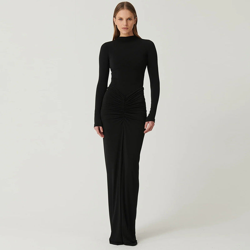 Autumn Winter Sexy Slimming Beam Waist Solid Color Maxi Dress Pleated Dress Women DestGlow