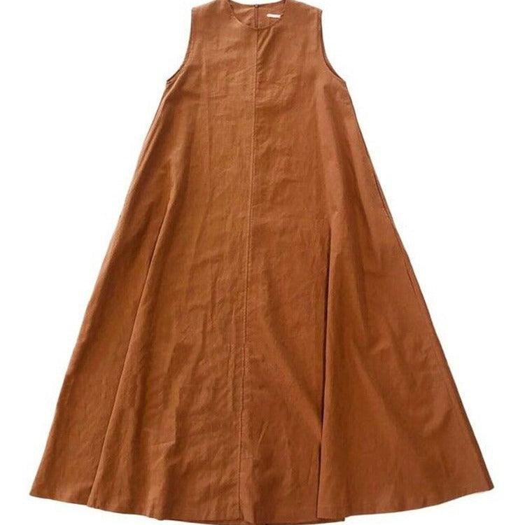 Cotton A line Loose Korean Dress Casual Minority All Match Solid Color Sleeveless round Neck Dress Women Clothing DestGlow