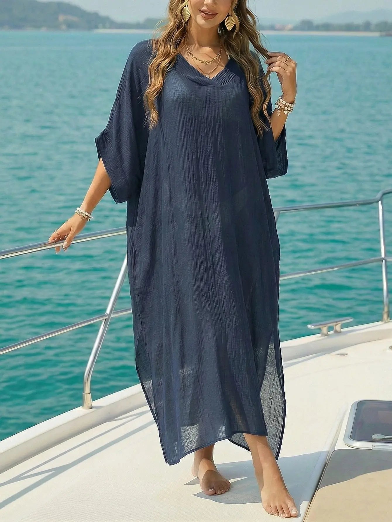 Women Beach Cover up Summer Women V neck Loose Casual Dress Split Mop Dress