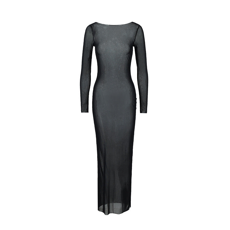 Summer Sexy Slim Mesh See through off Shoulder Long Sleeve Maxi Dress DestGlow