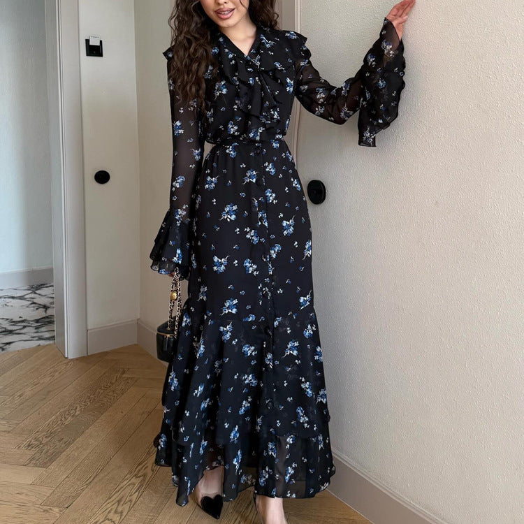 Retro V neck Flounce Bell Sleeve Single Breasted Dress Women Printed Dress DestGlow
