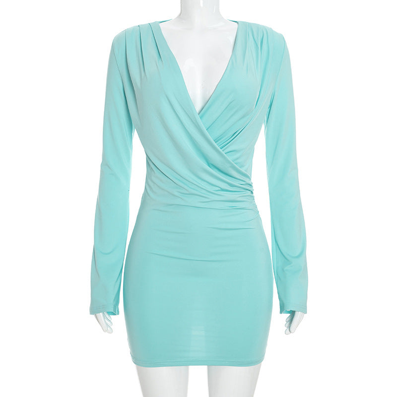Women Clothing Autumn Sexy Deep V Plunge neck Draped Waist Sheath Short Dress DestGlow