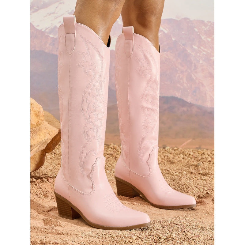 Thick Knight Boots Retro Knee High Boots Cowboy Boot Thick Heel Pointed Embroidery Thread Pattern Women Boots DestGlow