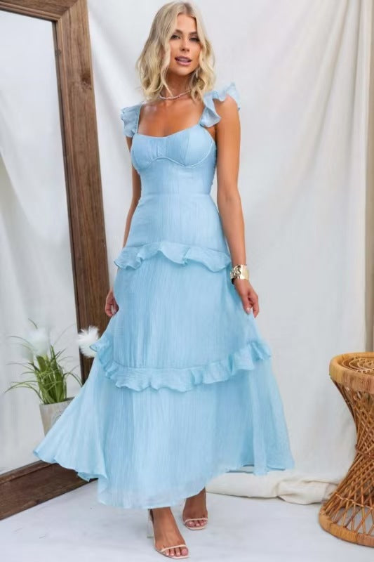 Summer Women Clothing Solid Color Elegant Graceful Ruffled Dress by Ragazza