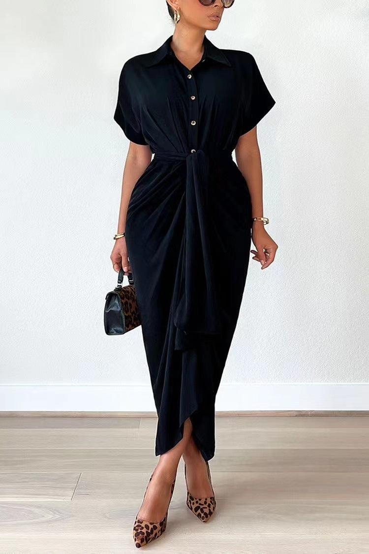 Women Clothing Dress Arrival Collared Elegant Mid Length Short Sleeve Single Breasted High Waist Shirt Dress by Ragazza