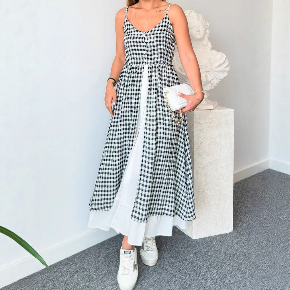 Women V neck Brace Casual Printing Plaid Split Faux Two Pieces Dress by Ragazza