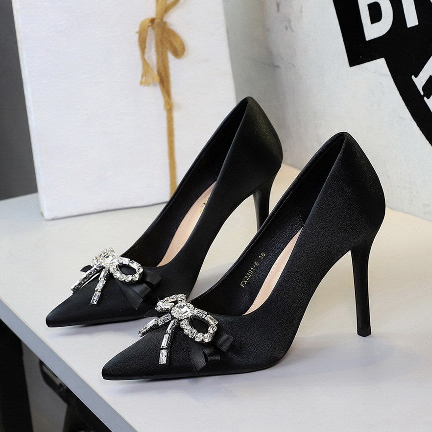 French Elegant Rhinestone Bow Super High Heel Women Shoes Pointed Toe Shallow Mouth Stiletto Heel Pumps
