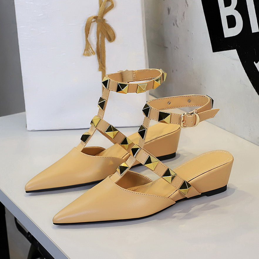 French Wedge Pointed Toe Sandals Women Classic Rivet Design Buckle Comfortable Closed Toe Back Empty Shoes DestGlow