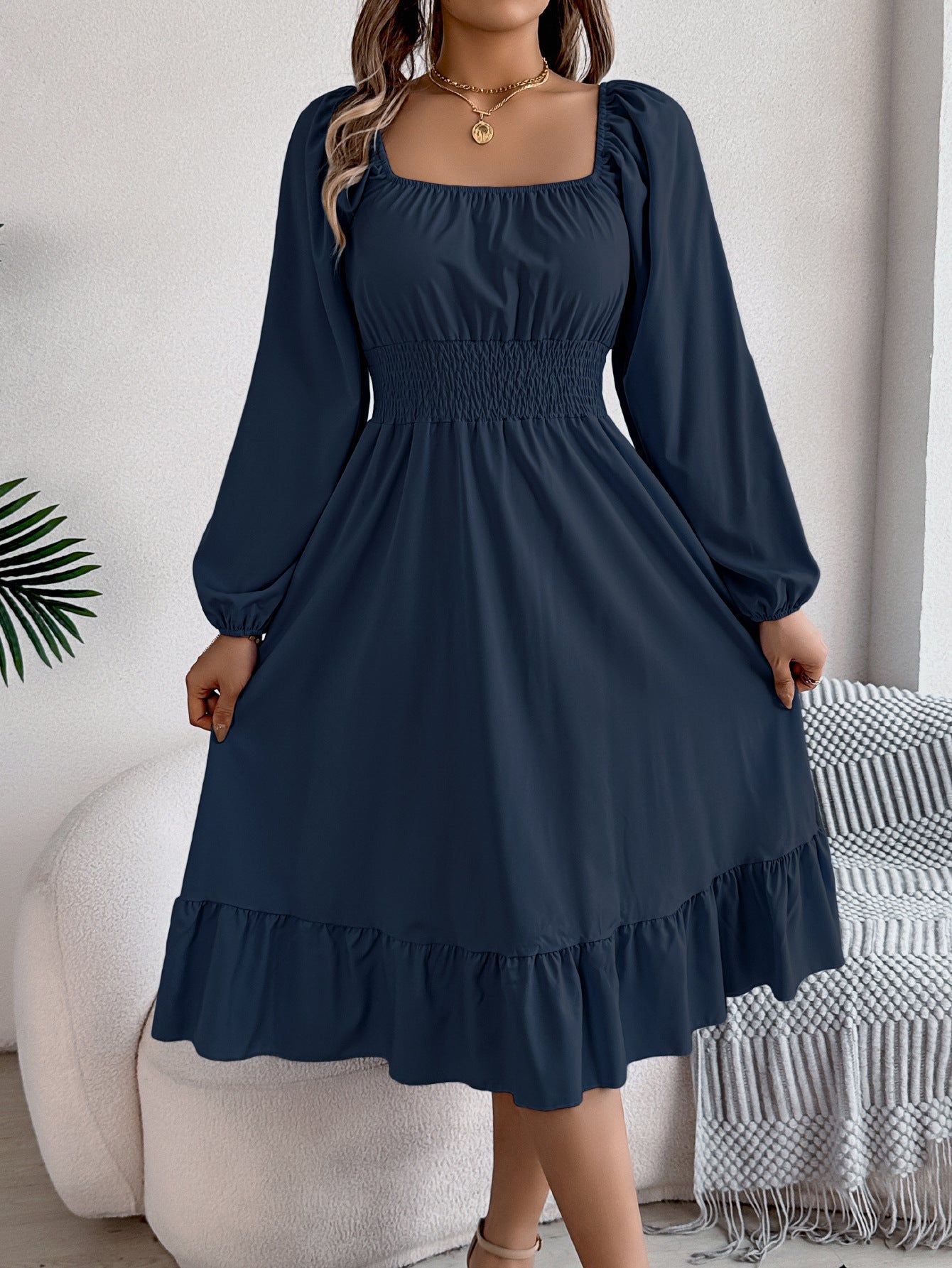 Spring Summer Casual Solid Color Square Collar Long Sleeve Waist Trimming Ruffles A line Dress Women Clothing by Ragazza
