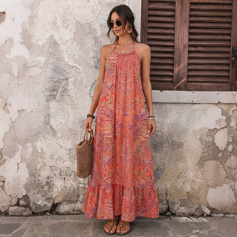 Ethnic Vacation Printed Halter Backless Loose Dress DestGlow