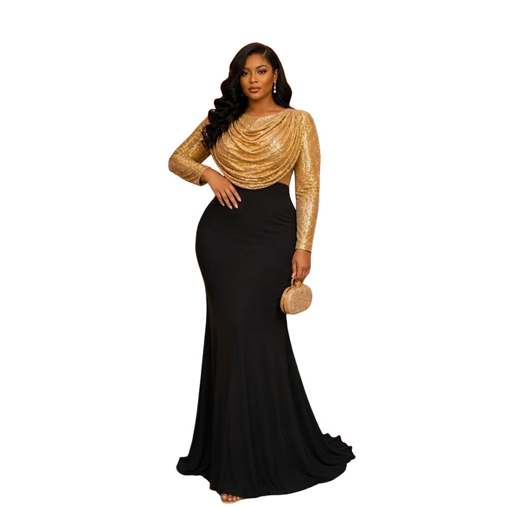 Women Clothes Dress Sequin round Neck Pleated Sequined Sheath Long Sleeve DestGlow