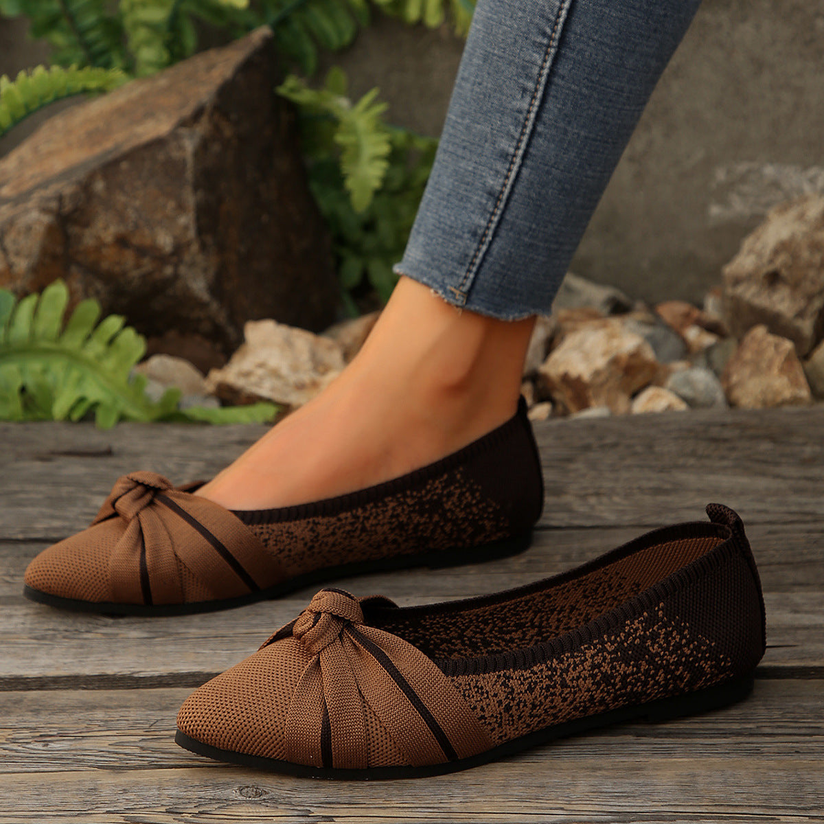 Lightweight Flyknit Soft Bottom Gommino Women Spring Autumn Color Blocking Bow Shallow Mouth Pumps DestGlow