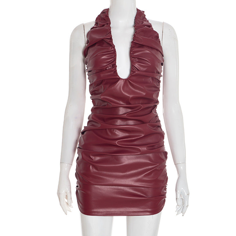 Women Clothing Autumn Solid Color Sexy Faux Leather Halter Sleeveless Slim Deep V Plunge Short Dress by Ragazza
