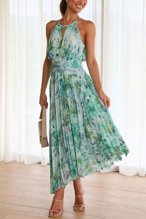 Summer Women Halter Sleeveless V Neck Printed Large Swing Maxi Dress by Ragazza