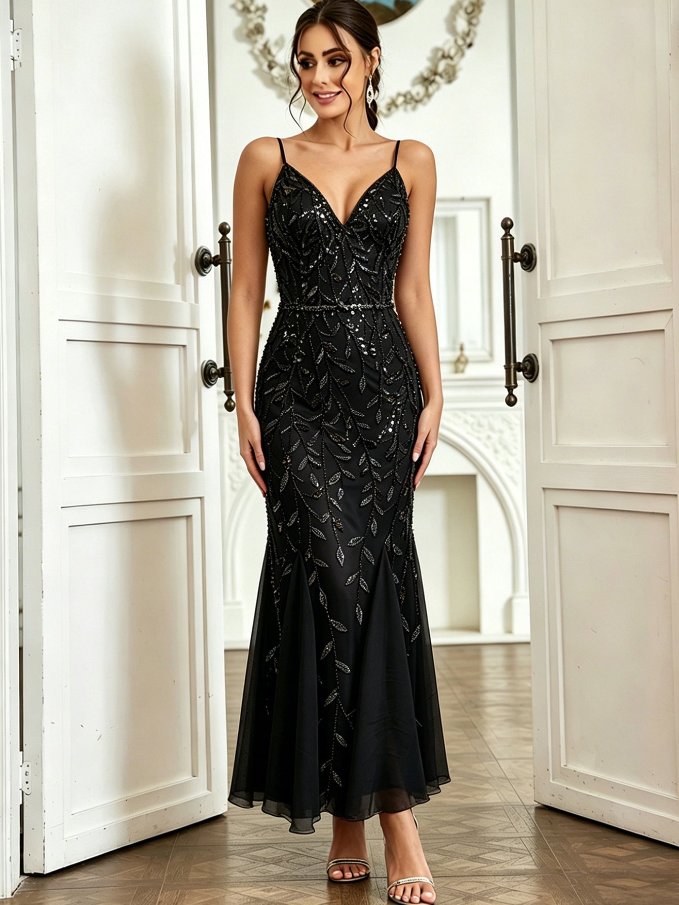 Women Clothing Party Evening Dress Sexy Chiffon Stitching Sequ Dress DestGlow
