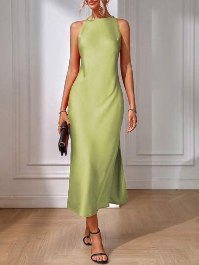 Satin Dress Women Clothing Spring Summer Sleeveless Split Satin Imitation Silk Maxi Dress