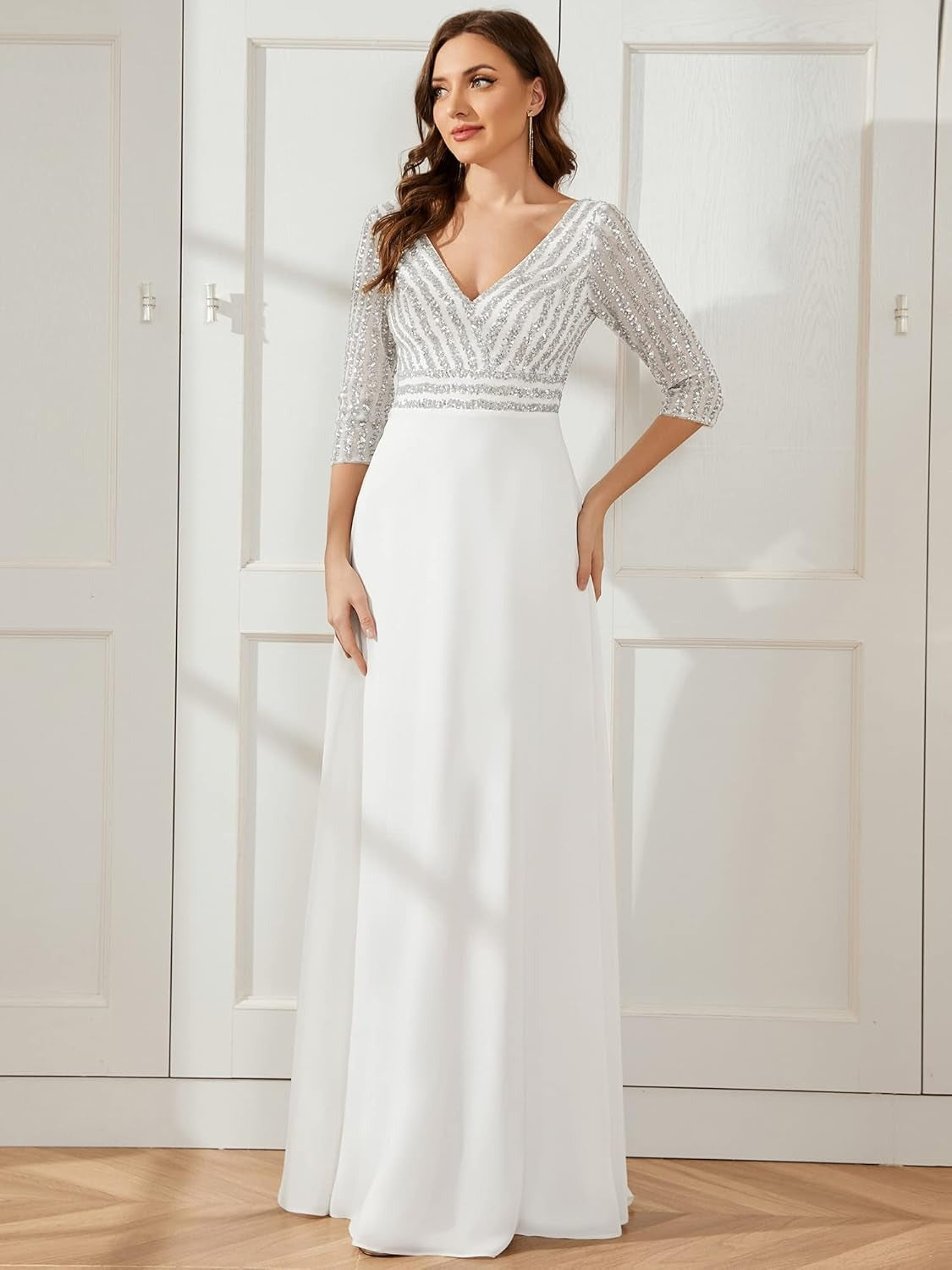 Middle East Women Chiffon Double V neck Dress A line Large Hem Sequin Stitching Evening Dress by Ragazza