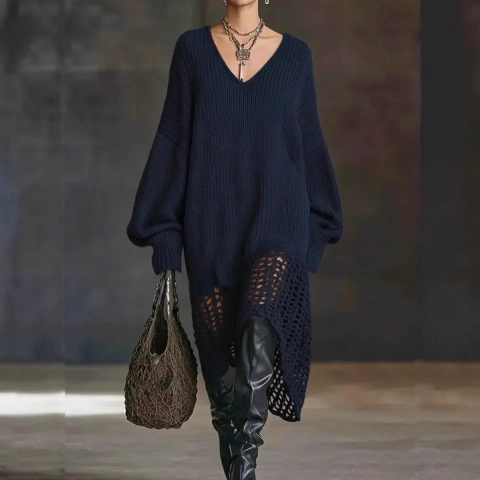 V neck Knitted Dress Irregular Asymmetric Hem Hollow Out Cutout out Loose Dress by Ragazza