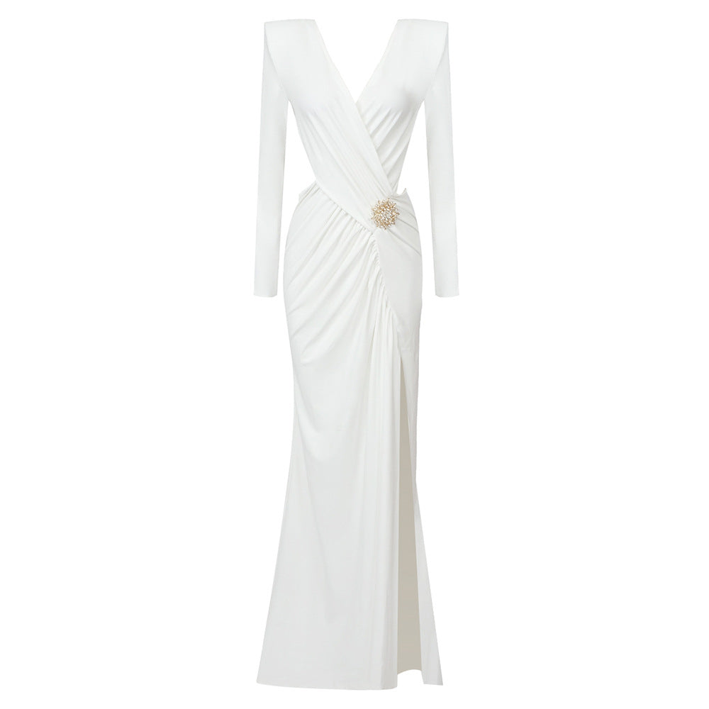 White Long Sleeve Pleating Hollow Out Cutout Cross Dress V Neck Metal Waist Women Clothing by Ragazza