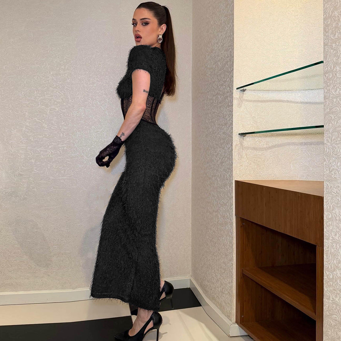 Women Clothing Sexy round Neck Slim Fit Slimming See through Split Short Sleeve Elegant Dress by Ragazza