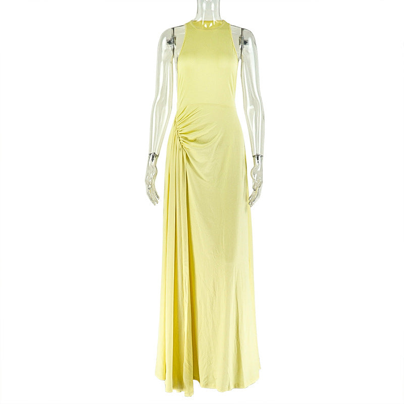 Women Clothing Fitted Waist Pleated Design Hip Dress Round Neck Sleeveless Dress by Ragazza