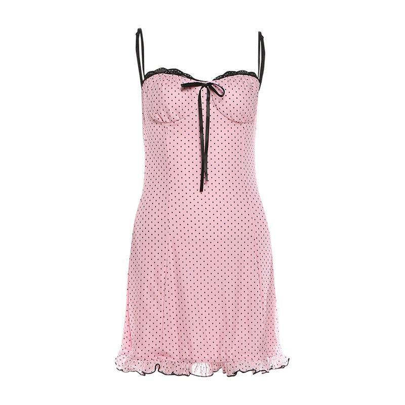 Spring Summer Women Clothing French Sizzling Contrasting Lace Backless Short Polka Dot Dress For Women by Ragazza