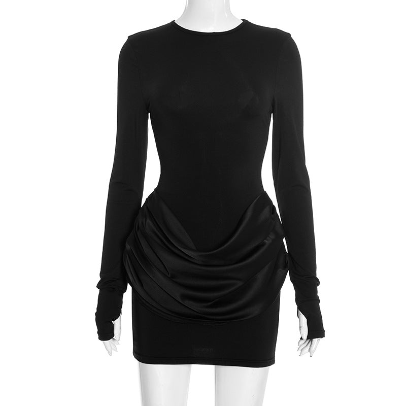 Women Clothing Autumn Winter Solid Color Elegant Casual Slim Fit round Neck Long Sleeves Pleated Short Dress by Ragazza