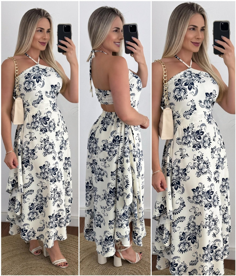 Spring Summer Southeast Asia Vacation Personalized Digital Printing Halter Tube Top Thin Strap Dress by Ragazza