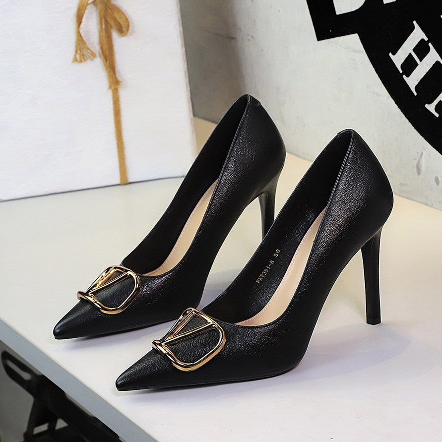 Metal V Buckle Pointed Toe Sexy Super High Heel Stiletto Heel Slip on Pana Pattern Pumps Women DestGlow