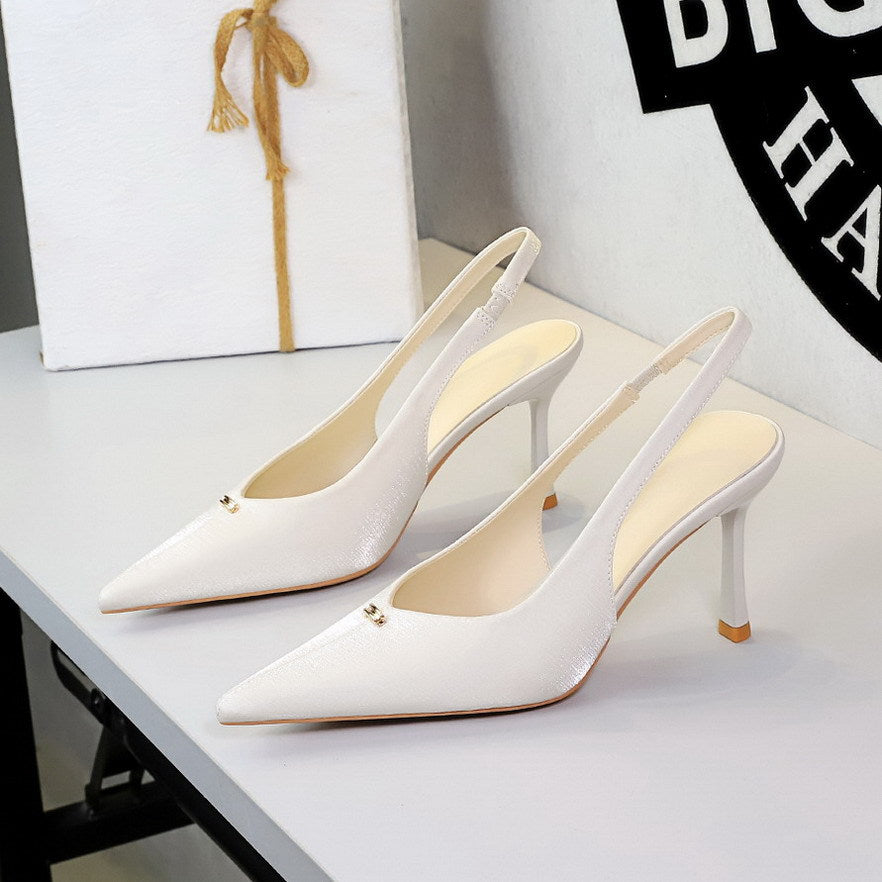 French Sweet Metal Decoration Pointed Toe Shallow Mouth V Buckle Back Empty Back Strap Stiletto Heel High Heels for Women
