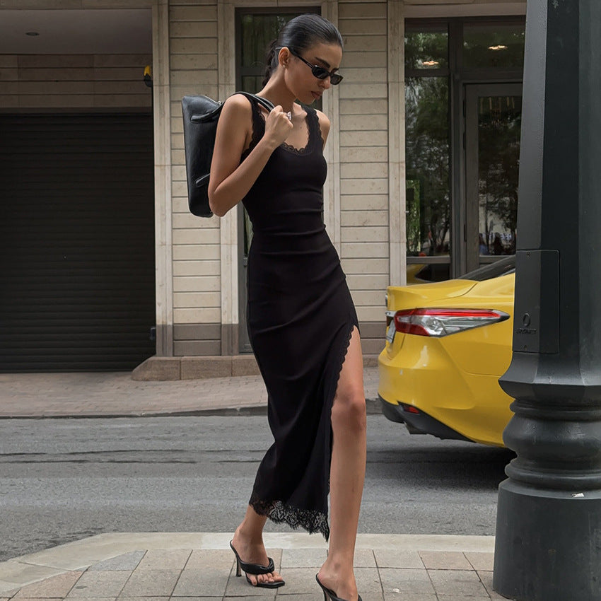 Summer Black Sexy Elegant Lace Slim Fit Patchwork Split Vest Dress Women by Ragazza