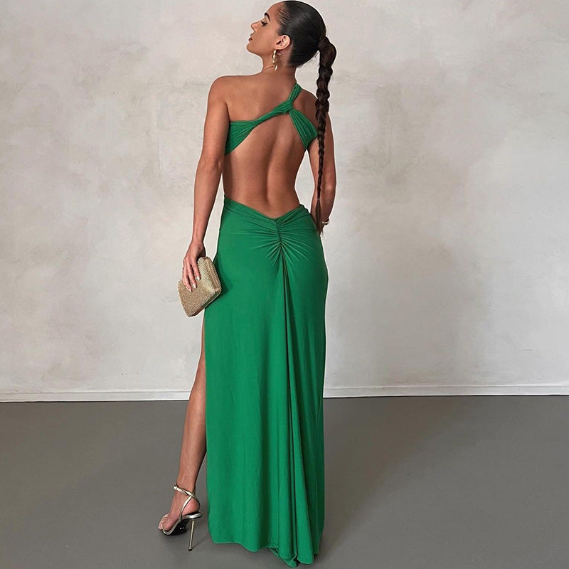 Sloping Shoulder Dress Solid Color Pullover Sexy Backless Evening Dress Long Socialite Split by Ragazza