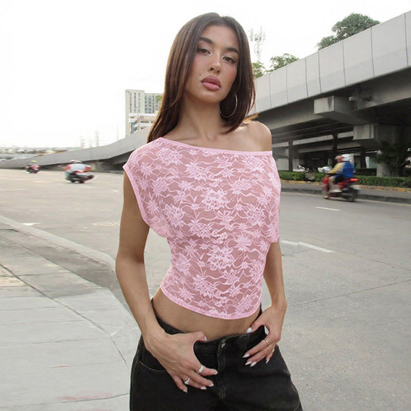 Women Clothing Winter Sexy Slim Hollow Out Cutout Lace Diagonal Collar Tight T shirt Sheer Top by Ragazza