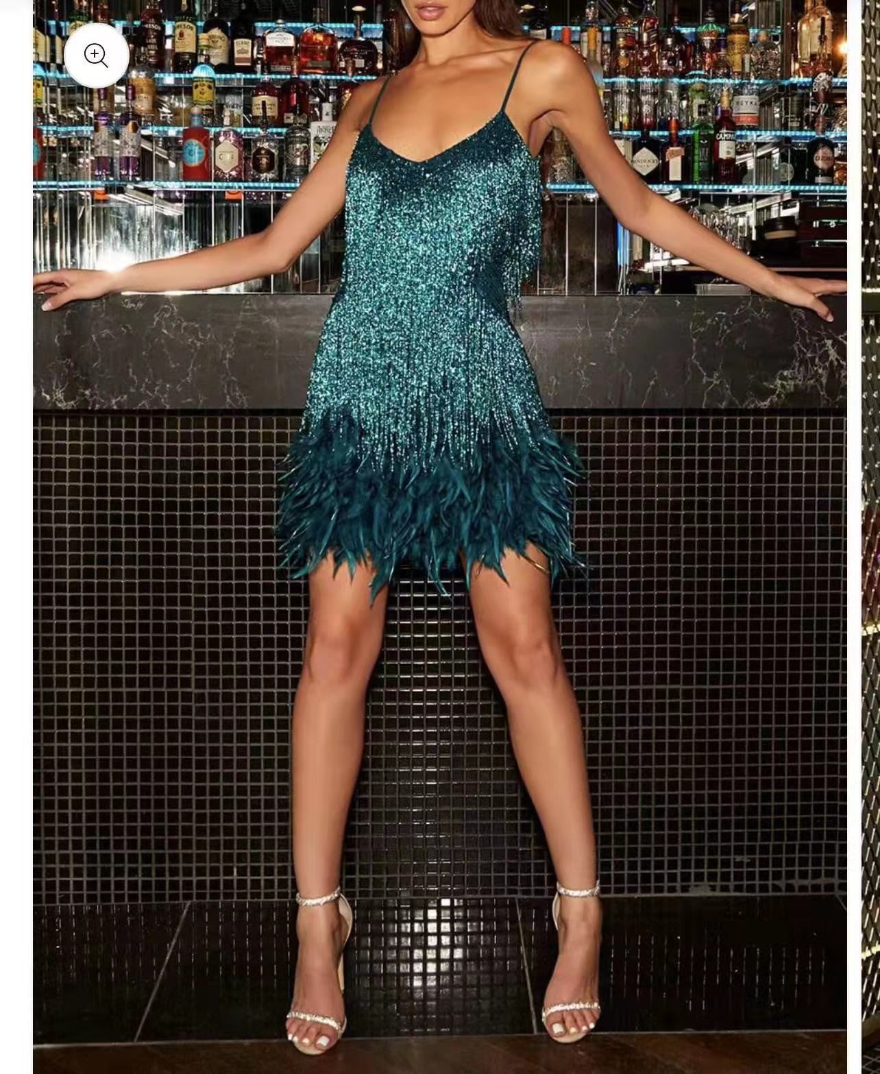 Tassel Sequ Multi Color Birthday Party Sexy V neck Strap Feather Stitching Gown Dress by Ragazza