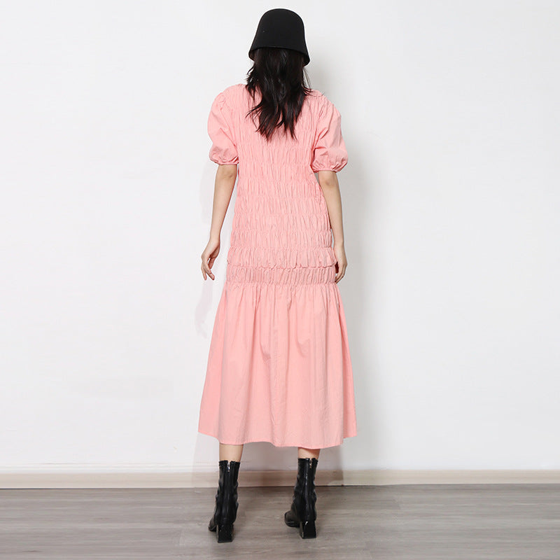 Fresh Sweet Early Spring round Neck Puff Sleeve Personalized Elastic Pleated Design Ruffled Hem Women Dress by Ragazza