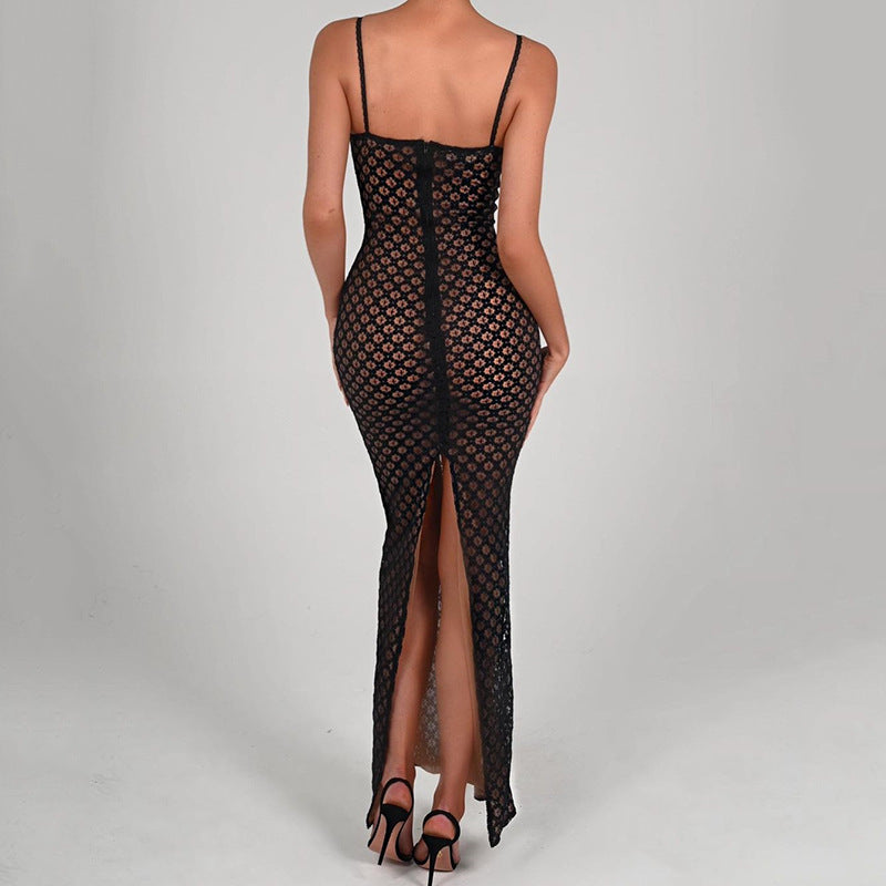 Autumn Sexy Suspender Tight Dress Lace Backless Split Polka Dot Dress DestGlow