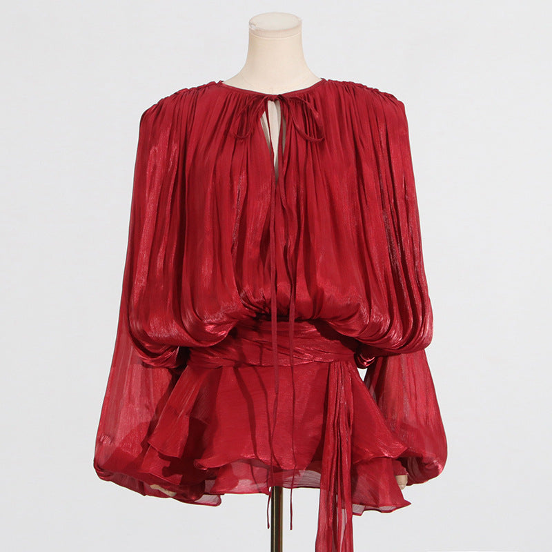Puff Sleeve Lotus Leaf dress Early Spring Pleated Design Short Mesh Dress Women by Ragazza