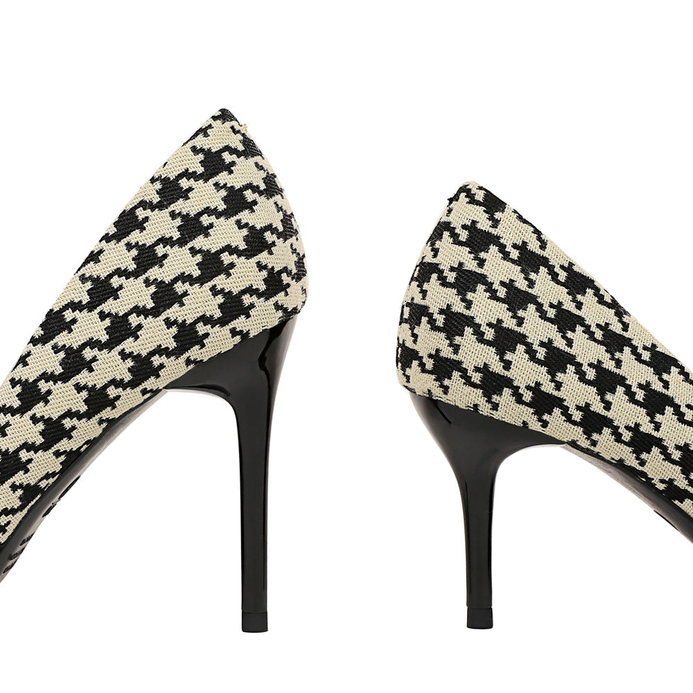 Houndstooth High Heels Stiletto Heel Shallow Mouth Pointed Pearl Chain Plaid Women Shoes DestGlow