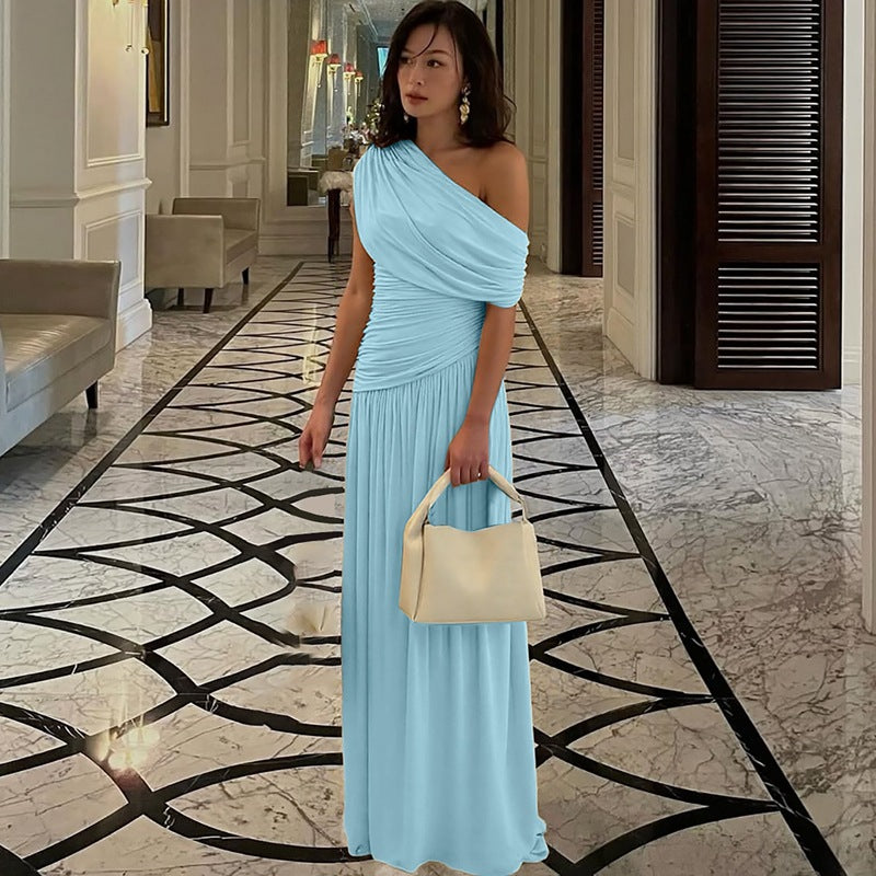 Women Clothing Spring Arrival Fashionable Sexy Diagonal Collar Pleated Asymmetrical Solid Color Dress DestGlow