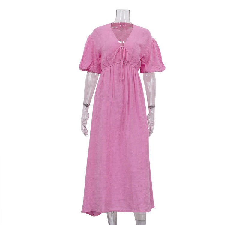 Women Clothing Cotton Double Layer Champray High Waist Dress V neck Puff Sleeve Lace up A line Long Dress by Ragazza